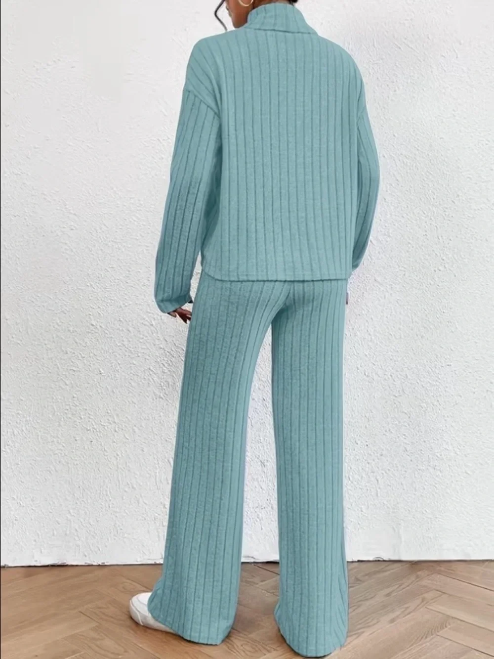 Ribbed Wide-Leg Knit Pants in Light Teal Size S New! - Picture 3 of 9